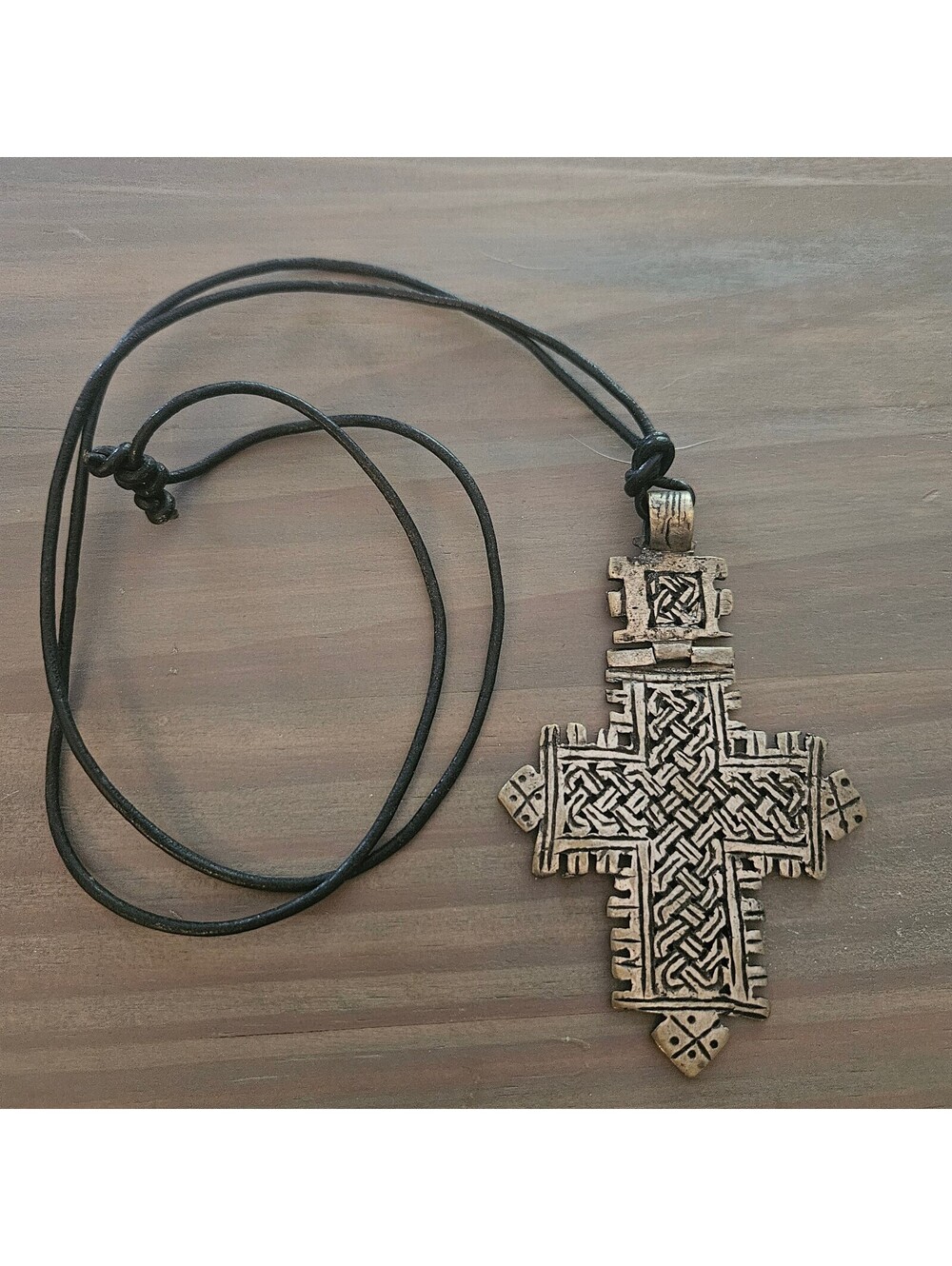 Vintage Ethiopian Coptic Cross Pendant Necklace Hinged Silver Tone Leather Cord